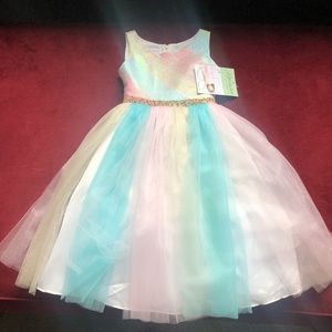 Pastel rainbow party dress! Frilly with bow.